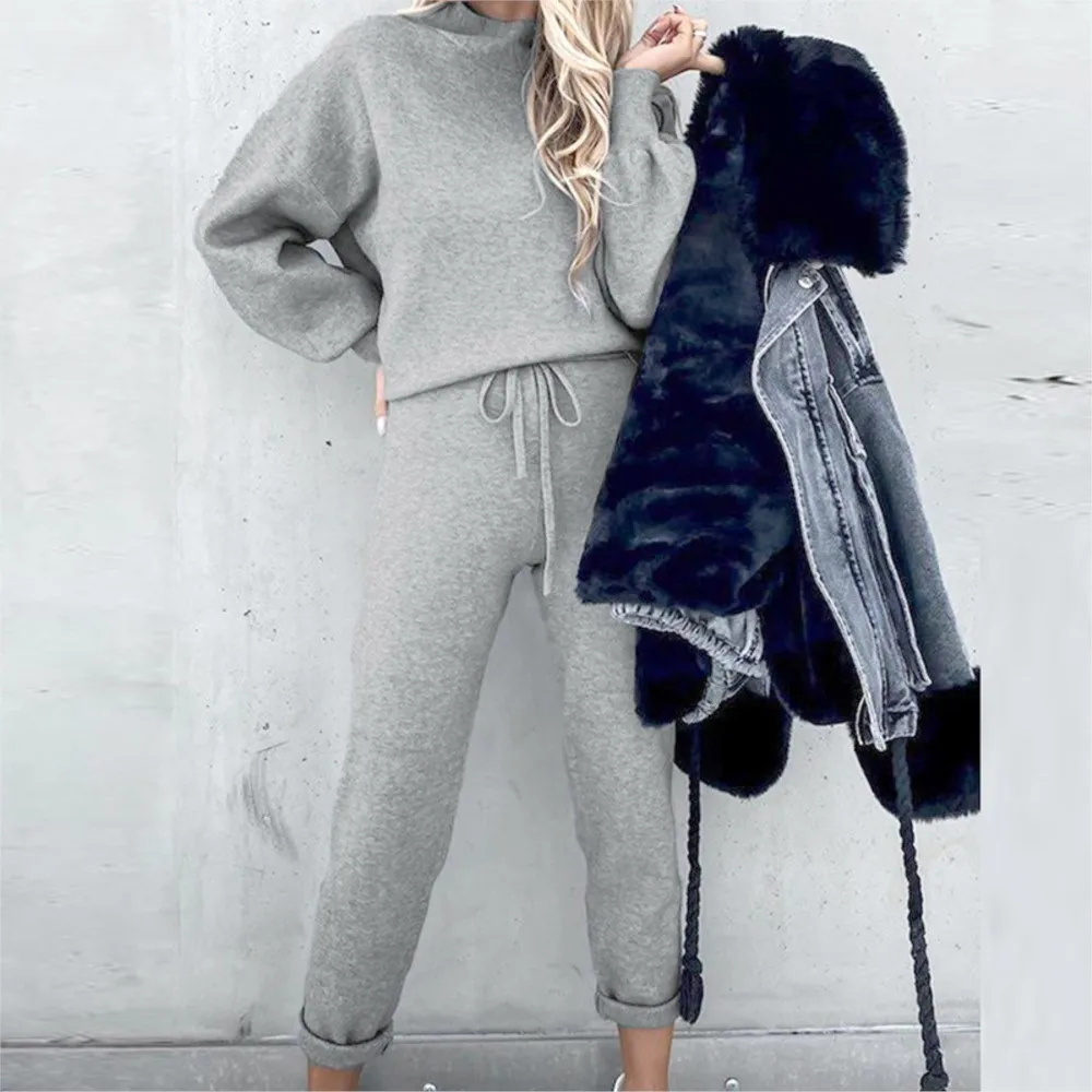 

2025 Autumn Winter New Fleece Hoodie Long Sleeved Women's Set Warm And Casual Lace-up Sport Pants Female 2 Piece Set