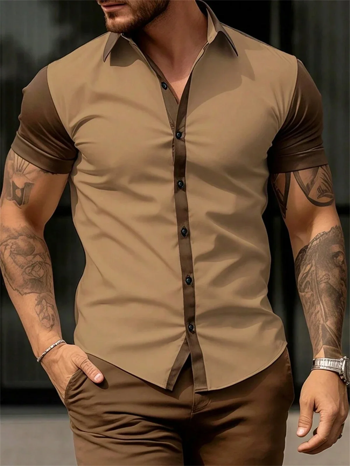 Summer Fashion Men's Shirts Two-Color Spliced Lapel Men's Tops Daily Large Size Comfortable Men's Short Sleeve Shirts