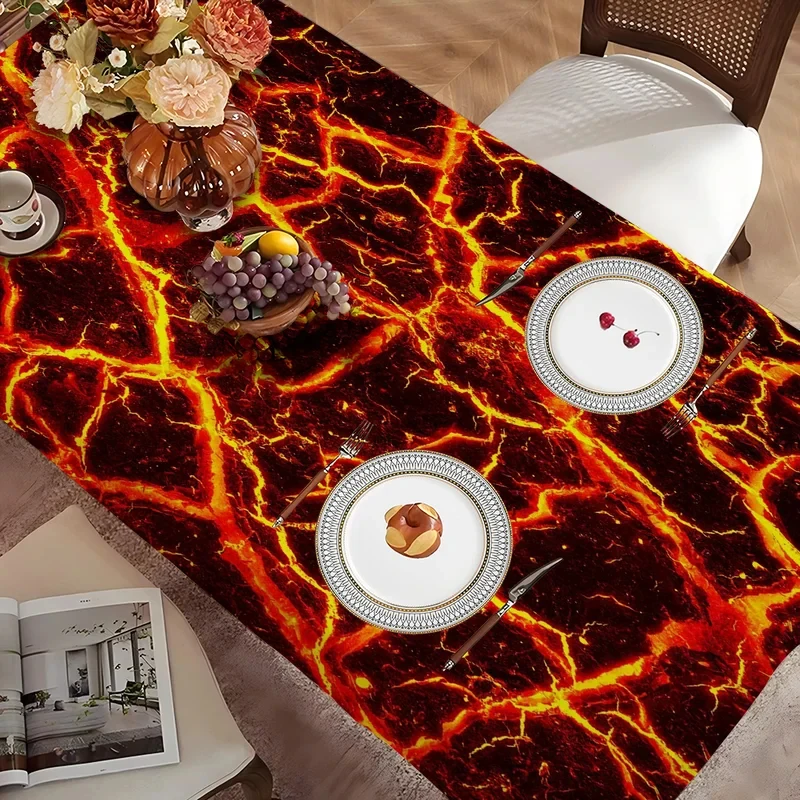 VIKAMA Lava Crack Marble Tablecloth Red Gold Volcano Magma Vein Print Waterproof Stain Resistant Rectangular Dining Table Cover