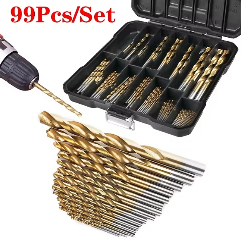

99 Pieces Titanium Twist Drill Bit Set, 135 Tip High Speed Steel, Size from 1/16" Up to 3/8", Ideal Drilling in Wood/Cast Iron