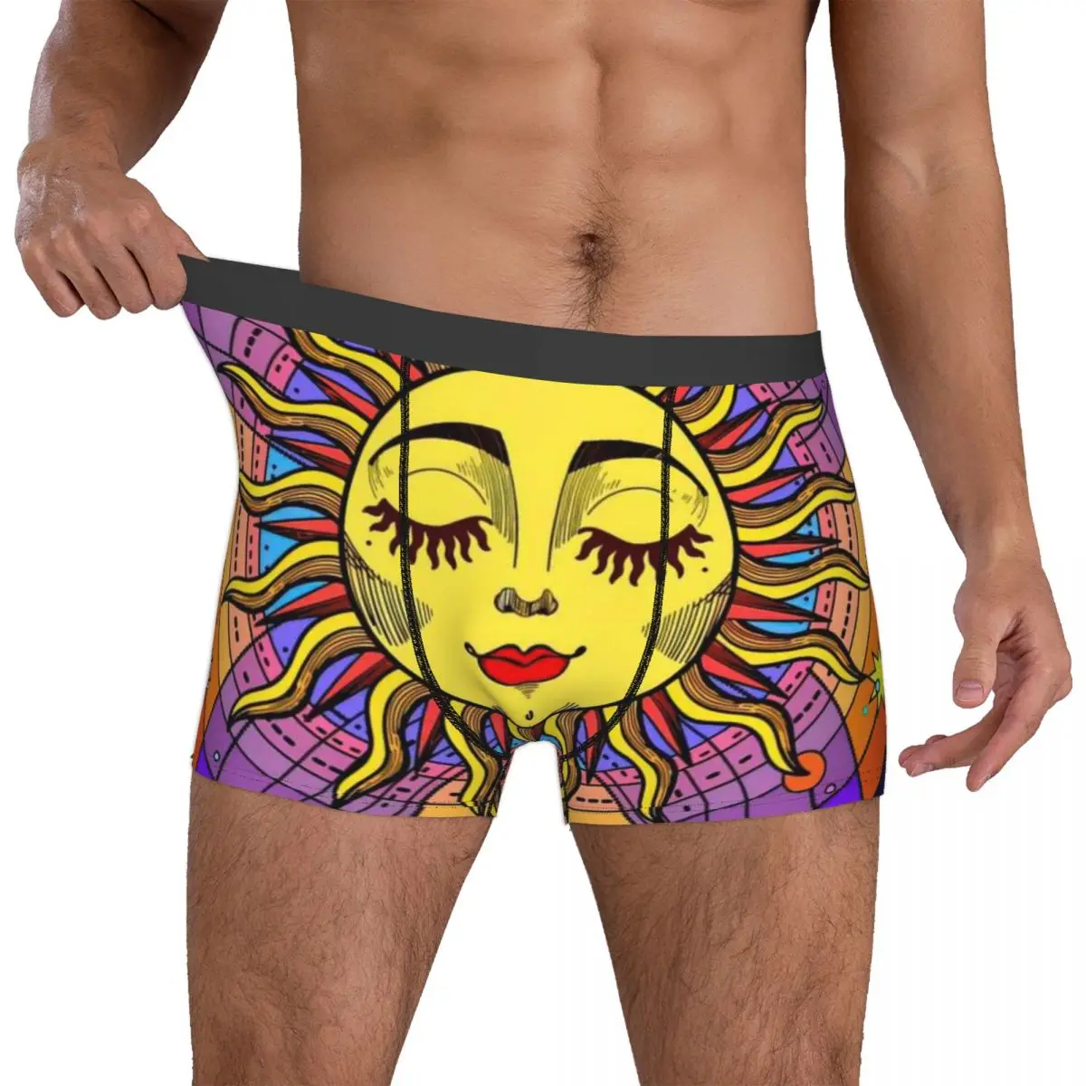 Sol Masculino com Rosto e Lua Crescente, Calção Boxer, Cueca, Macia, Giro, Anime, Adivinhação, Desenhos Animados, Cuecas, Calcinhas