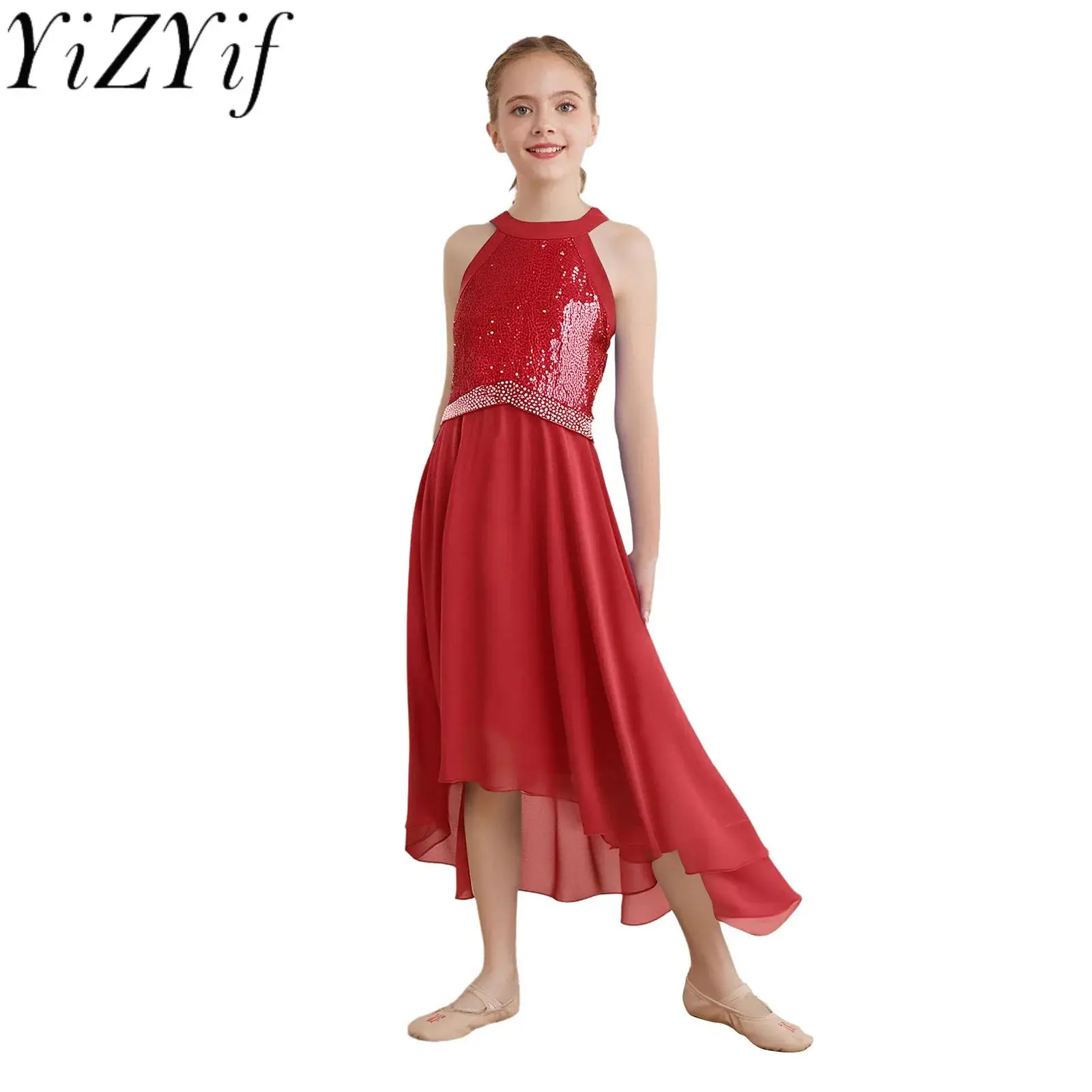 

Girls Kids Sparkly Sequin Modern Ballroom Performance Dress Party Birthday Dress with Belt for Graduation Prom Photography