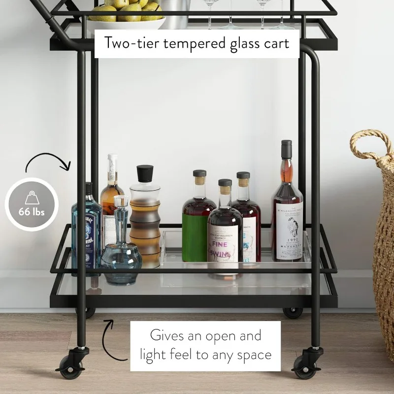 Sally Rolling Bar oder Wagen für Tee oder Cocktail, 2-stufiges Glas und Metall, schwarz