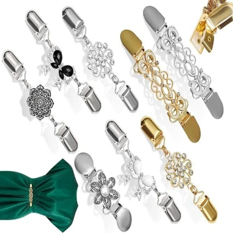 AB34-Alloy Retro Waist Cinch Clip Set-Vintage For Women 8-Piece Sweater Accessories With Embedded Gemstones