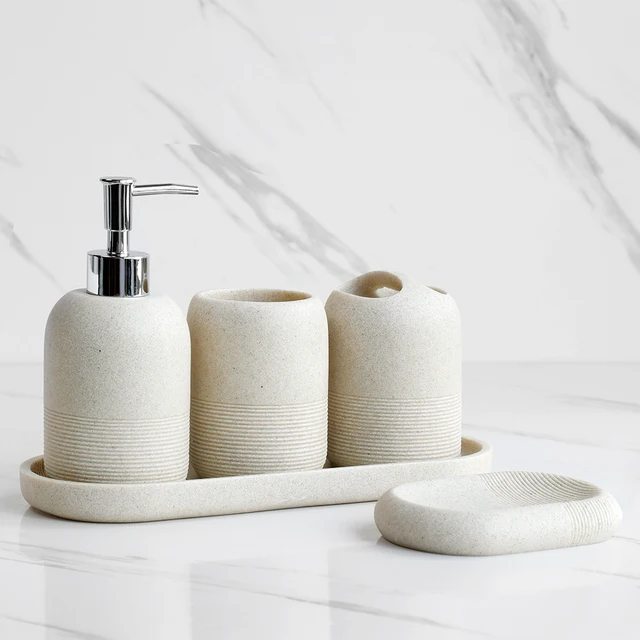 5Pcs Bathroom Accessories set Lotion Dispenser Toothbrush Holder Tray Tumbler Cup Soap Dish Beige and Grey 7