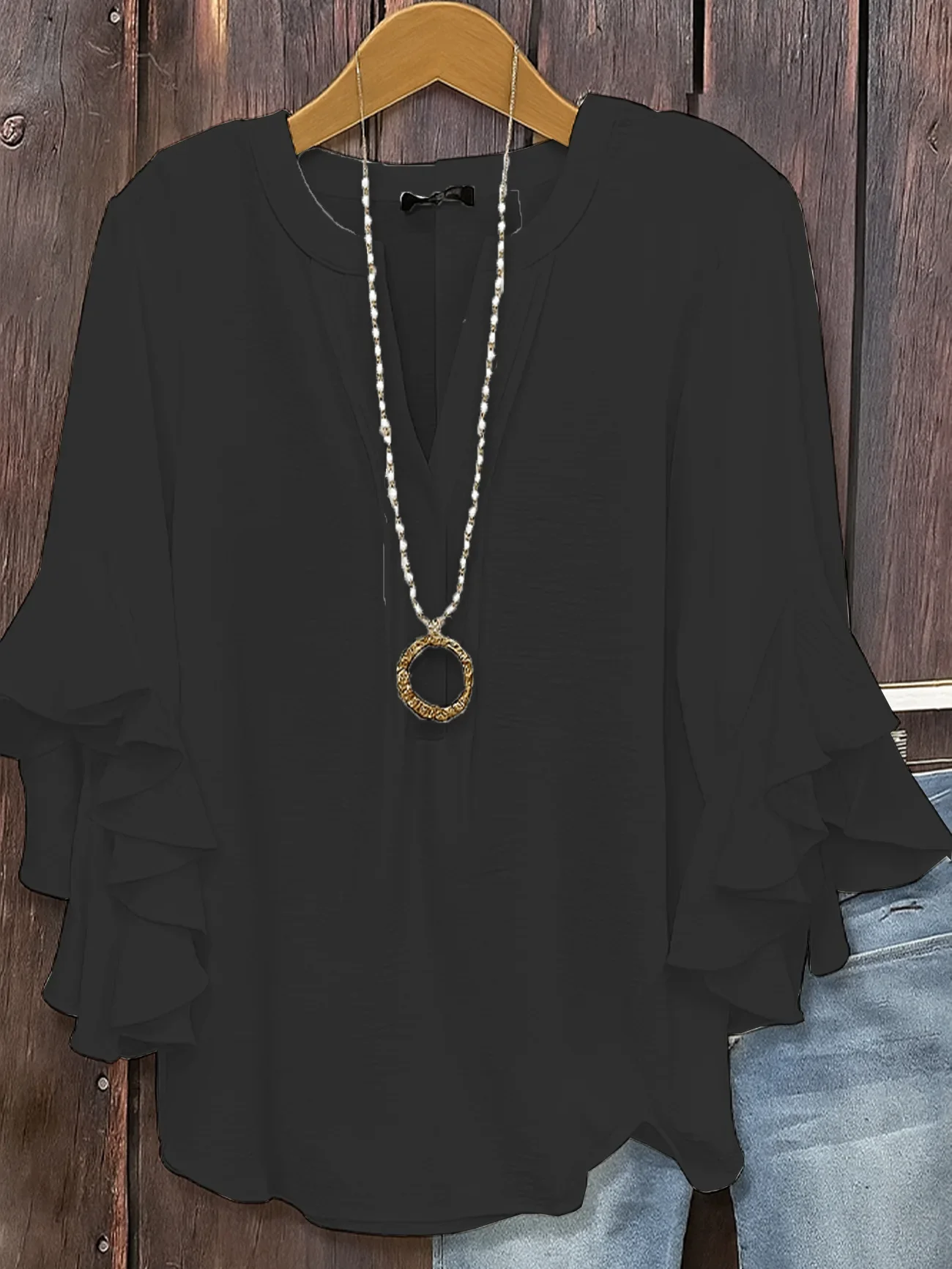 Camicetta in chiffon allentata moda donna taglie forti con scollo a V Camicia con maniche a tre quarti con foglie di loto Camicia casual da lavoro in tinta unita