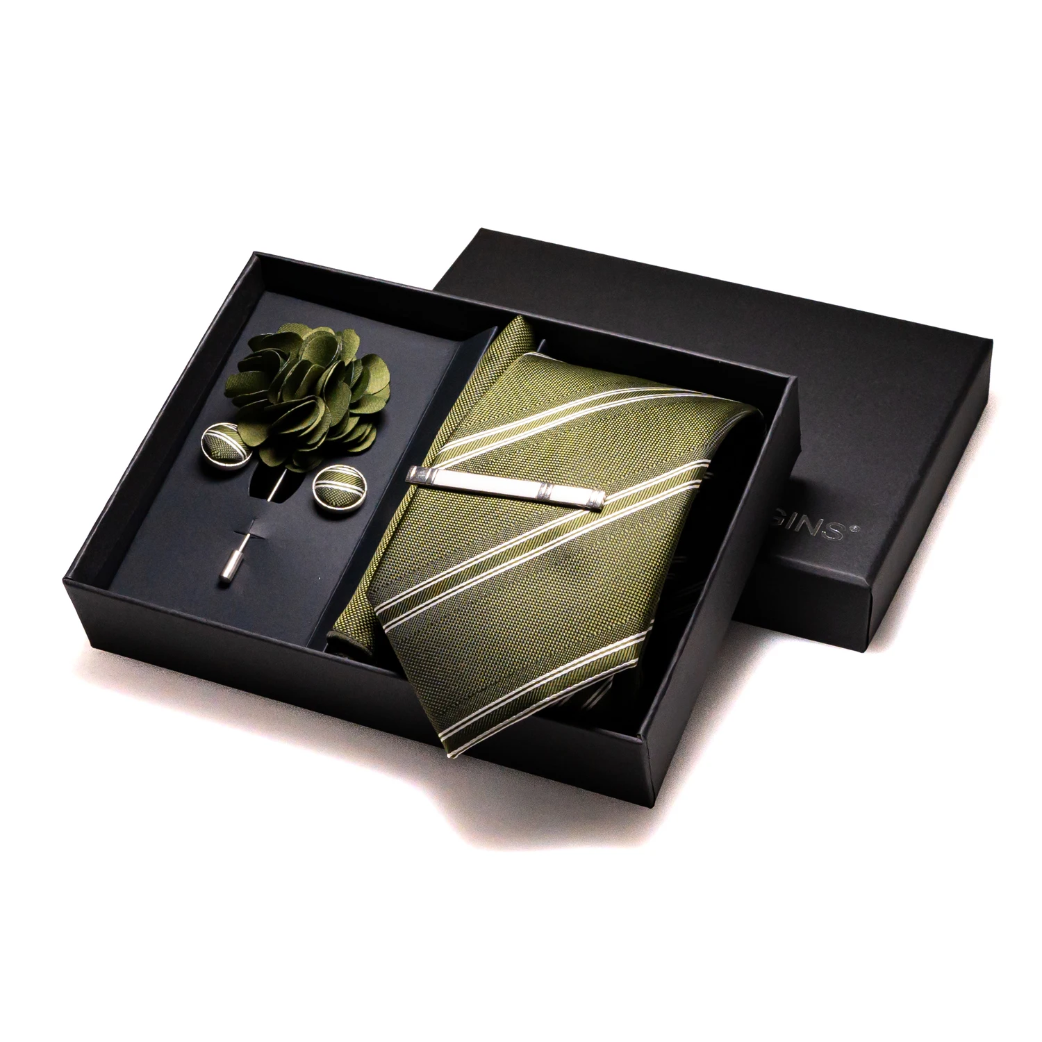 Luxury Dark Green Stripes Silk Ties for Men Wedding Accessories Mens Necktie Pocket Square Cufflinks Pin And Elegant Gift Box