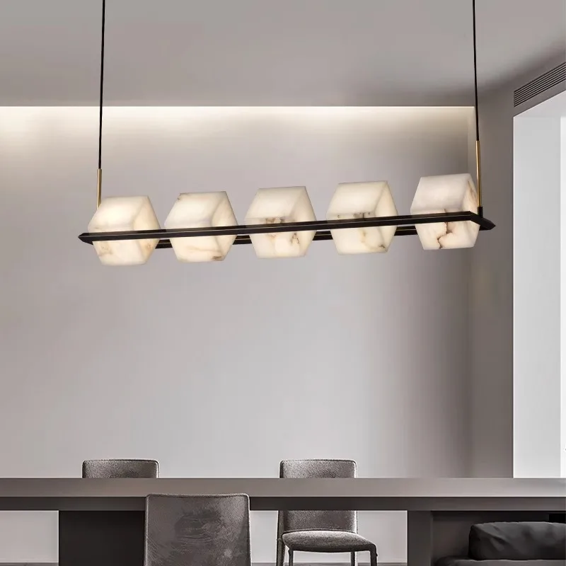 Nordic Contemporary Dining Room Study Long Strip Marble Pendant Light Hotel Banquet Hall Decorative Copper Pendant Lamp