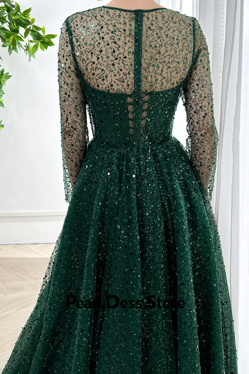 Pearl Beaded Lace Ladies Dresses for Special Occasions Long Sleeves Round Neck Gala Dress Women Elegant Party Green Line A Vest