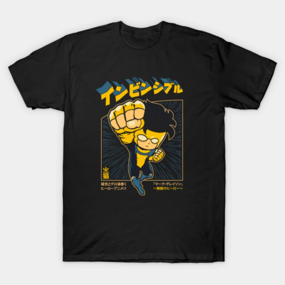 Mens Black Cotton Invincible Mark Grayson T Shirt Japanese Anime Style Superhero Flying Fist Comic Fan Casual Graphic Tee