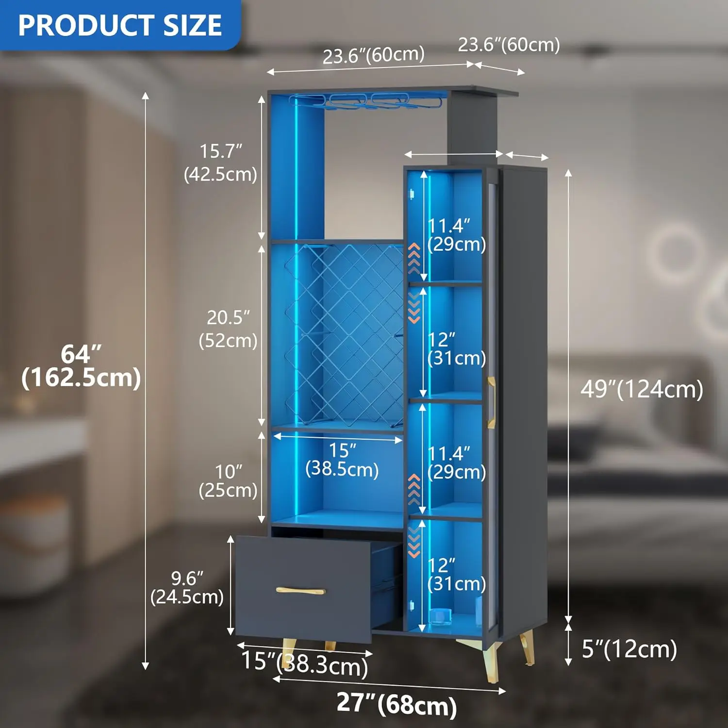 Armoire à vin avec porte-verre T1, 3 modes d'éclairage LED pour documents, armoire de bar au sol, français ou armoire avec porte-verre