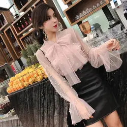 2024 Autumn New Korean Version Socialite Careful Machine Sexy Perspective Bow Versatile Nail Bead Mesh Top for Women