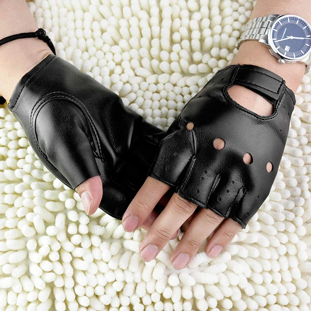 Unisex Artificial Leather Half-Finger Gloves Theatrical Punk Hip-Hop Driving Motorcycle Performance Party Fingerless Mittens