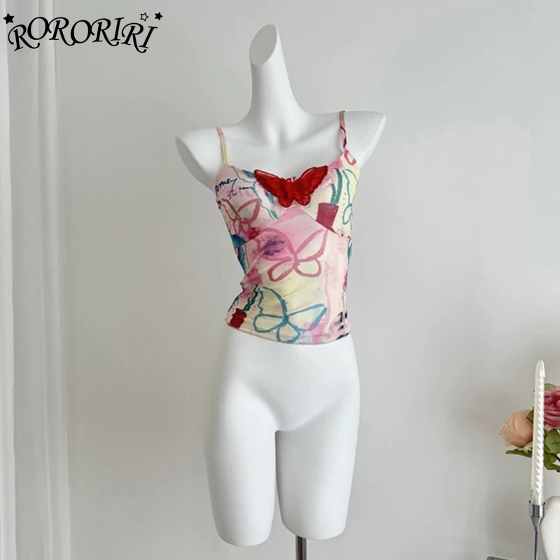 

RORORIRI Graffiti Print Butterfly Camisole Women Sleeveless Backless Spaghetti Straps Slim Crop Top Aesthetic Y2k Retro Clothes