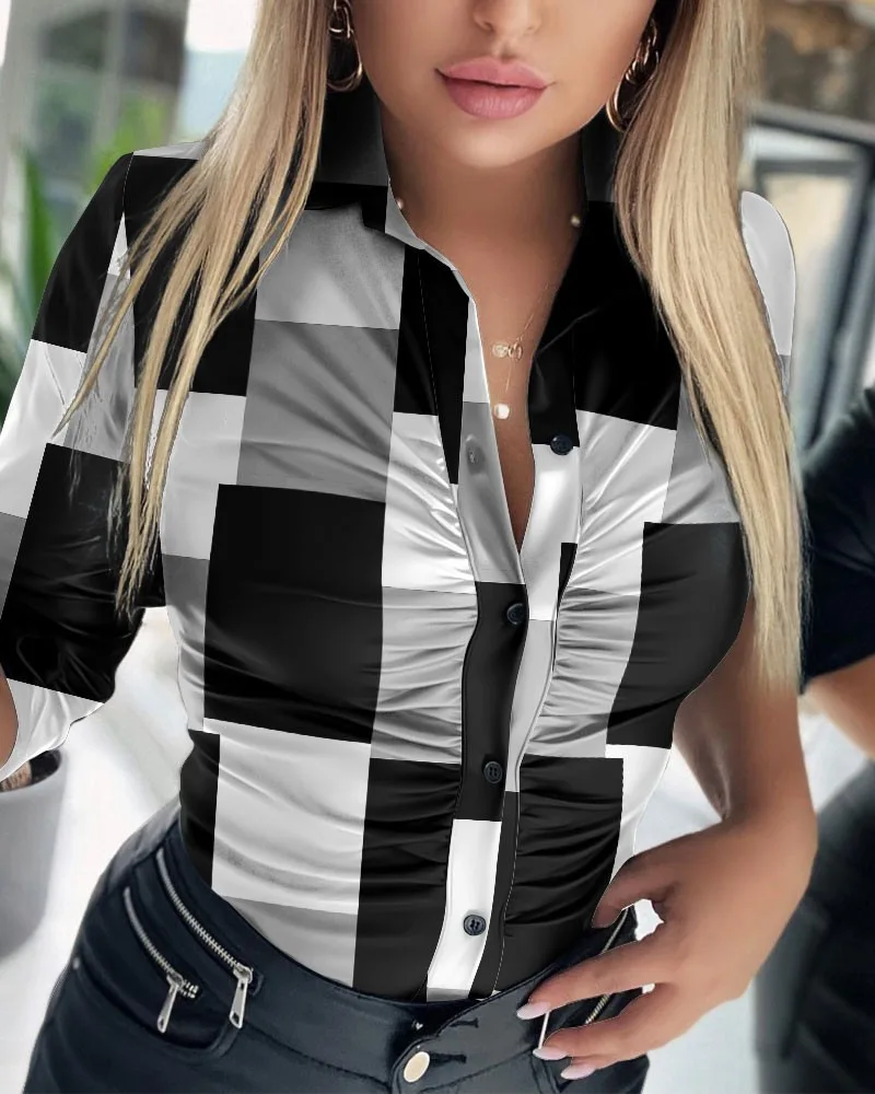 Blusa de cuero Pu liso para mujer, camisa de manga larga con cuello vuelto y botones, informal, fruncida, novedad de primavera y otoño, 2023