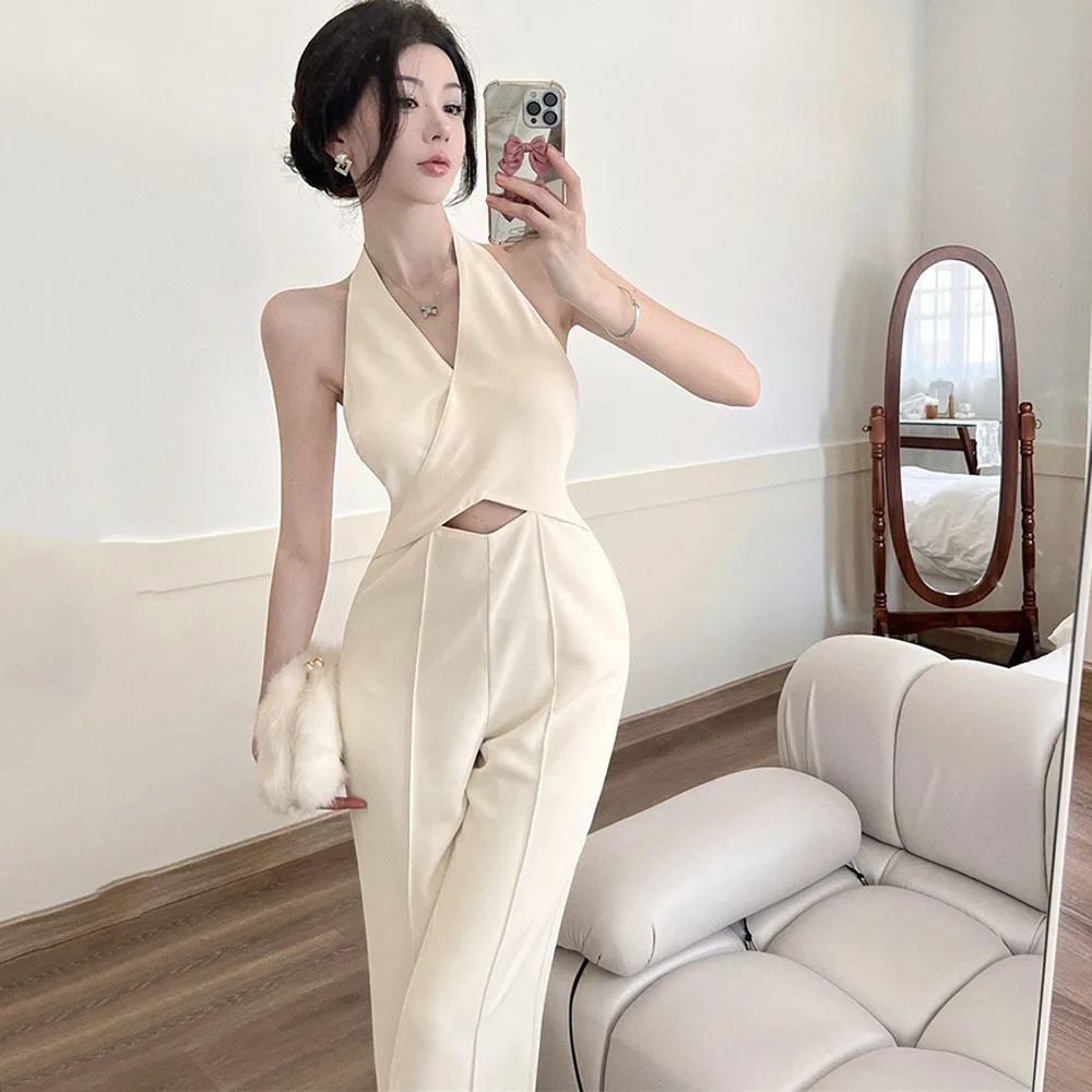 Summer Sexy V-Neck Jumpsuits Women Sleeveless Halterneck Office Lady Work Wide-leg Rompers Business Casual Hollow-out Playsuits