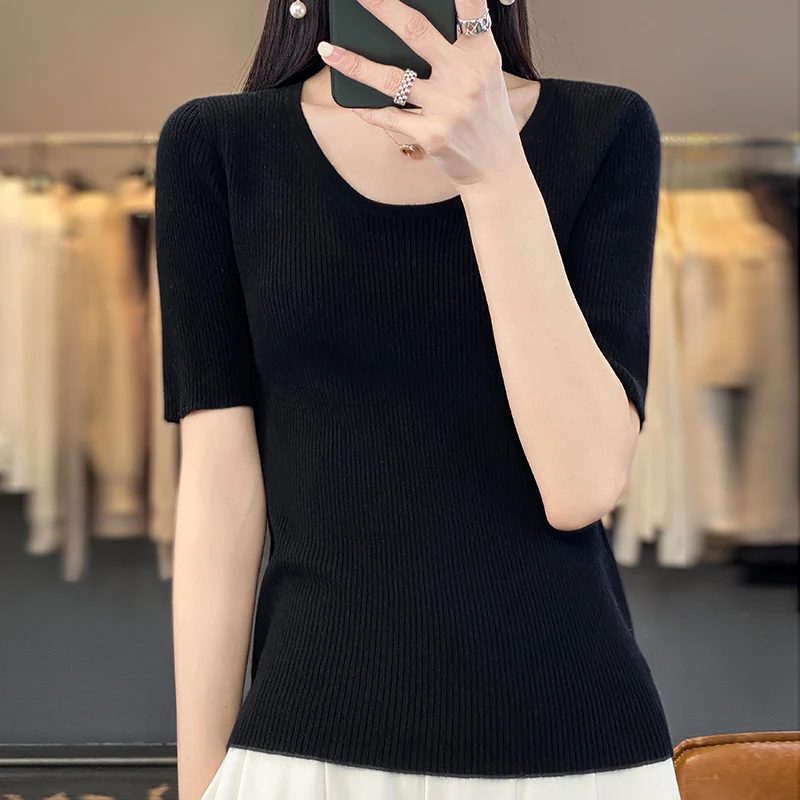 Spring/Summer New Women's U-neck Half sleeved Striped Sweater Slim Fit Mid sleeved Bottom Top Wool Knitted sweater