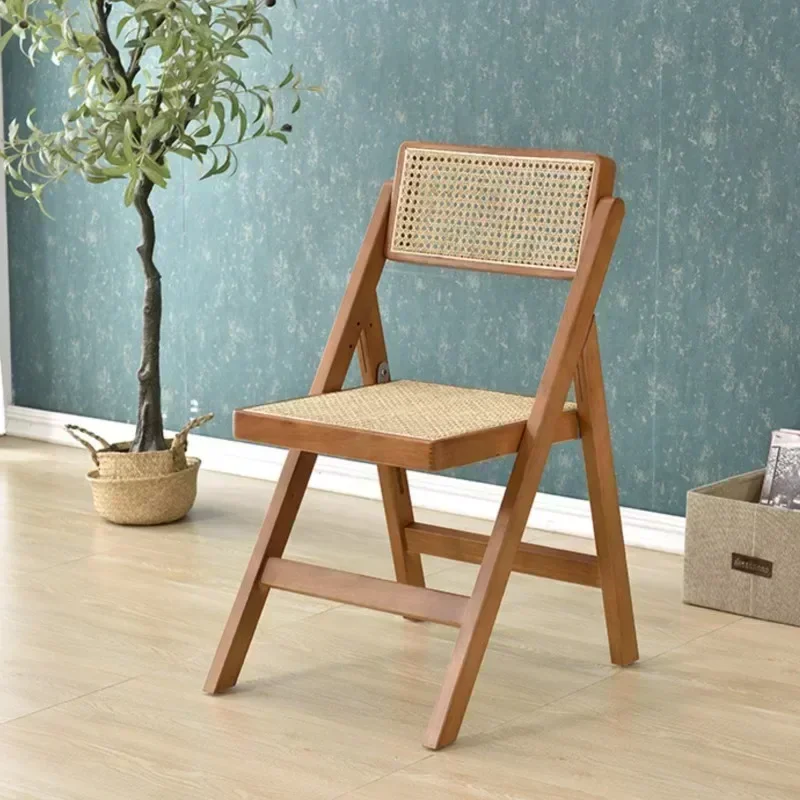 Solid Wood Rattan Dining Chair Foldable Home Backrest Single Person Chair Homestay Restaurant Sillas Para Comedor Chair Stool