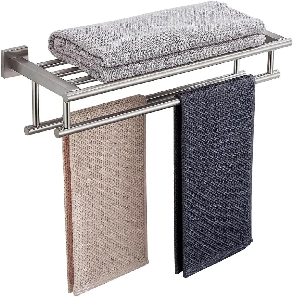 

Rack for Bathroom 20 Inch Wall Mounted Towel Rack Brushed Nickel Shelf with Double Towel Bar SUS304 Stainless Steel