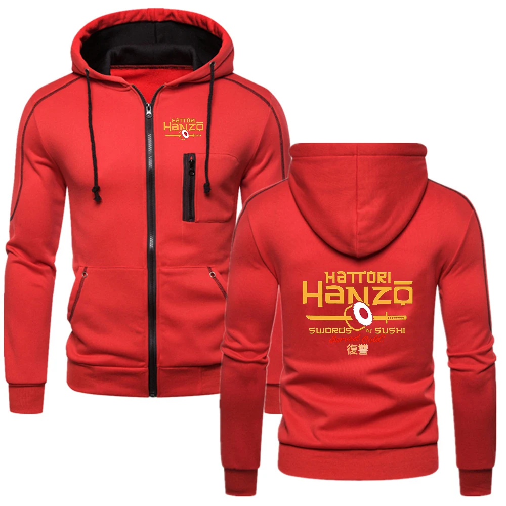 Hattori Hanzo The men's solid-color hooded sweatshirt features multiple pocket designs with prints hoodies jacket