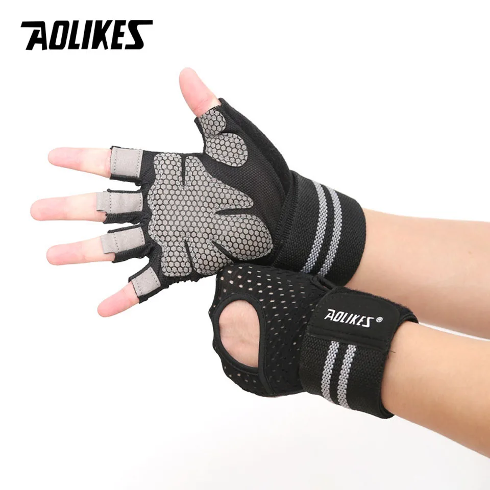 AOLIKES Fitness Gym Glove Men & Women Anti-Slip Silicone Grip Padded Weight Lifting Gloves with Wrist Wrap Crossfit Workout