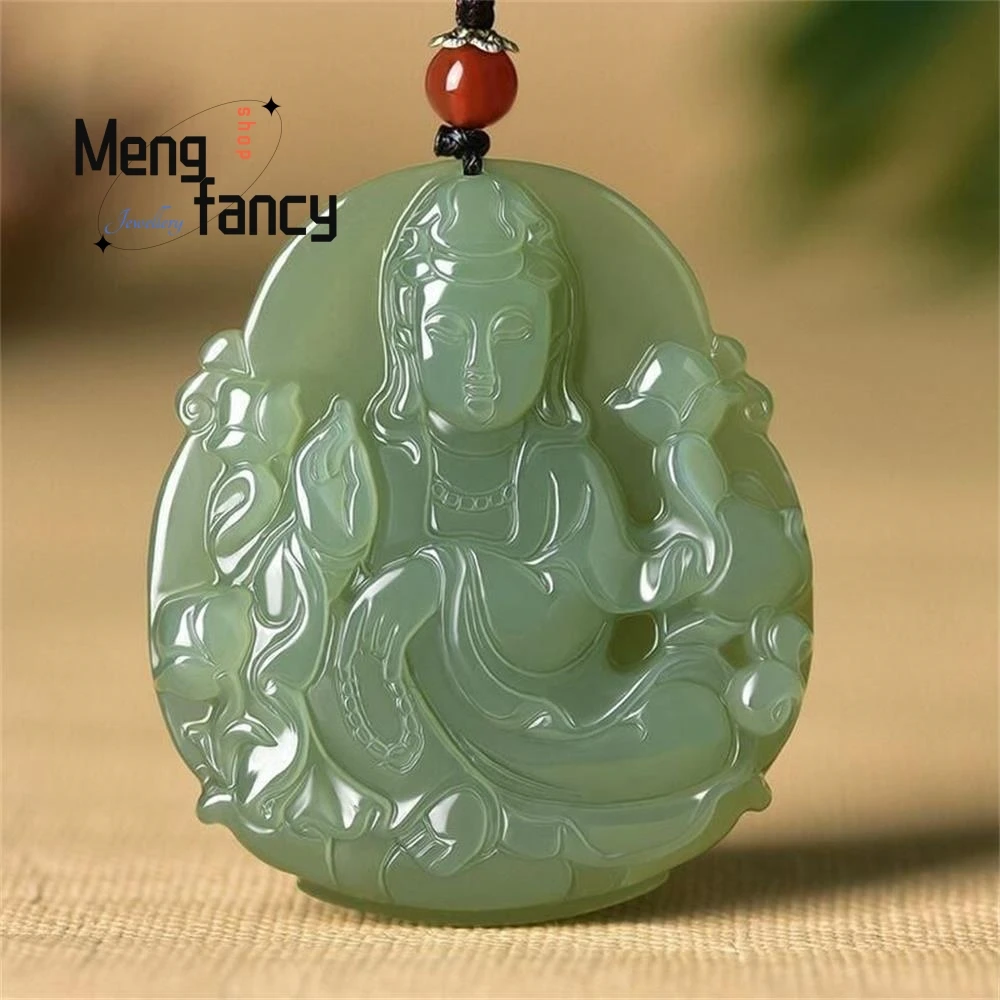 

Natural Hetian Green Jade Maitreya Buddha Bodhisattva Guanyin Pendant National Style Buddhist Amulets Fine Jewelry Holiday Gifts