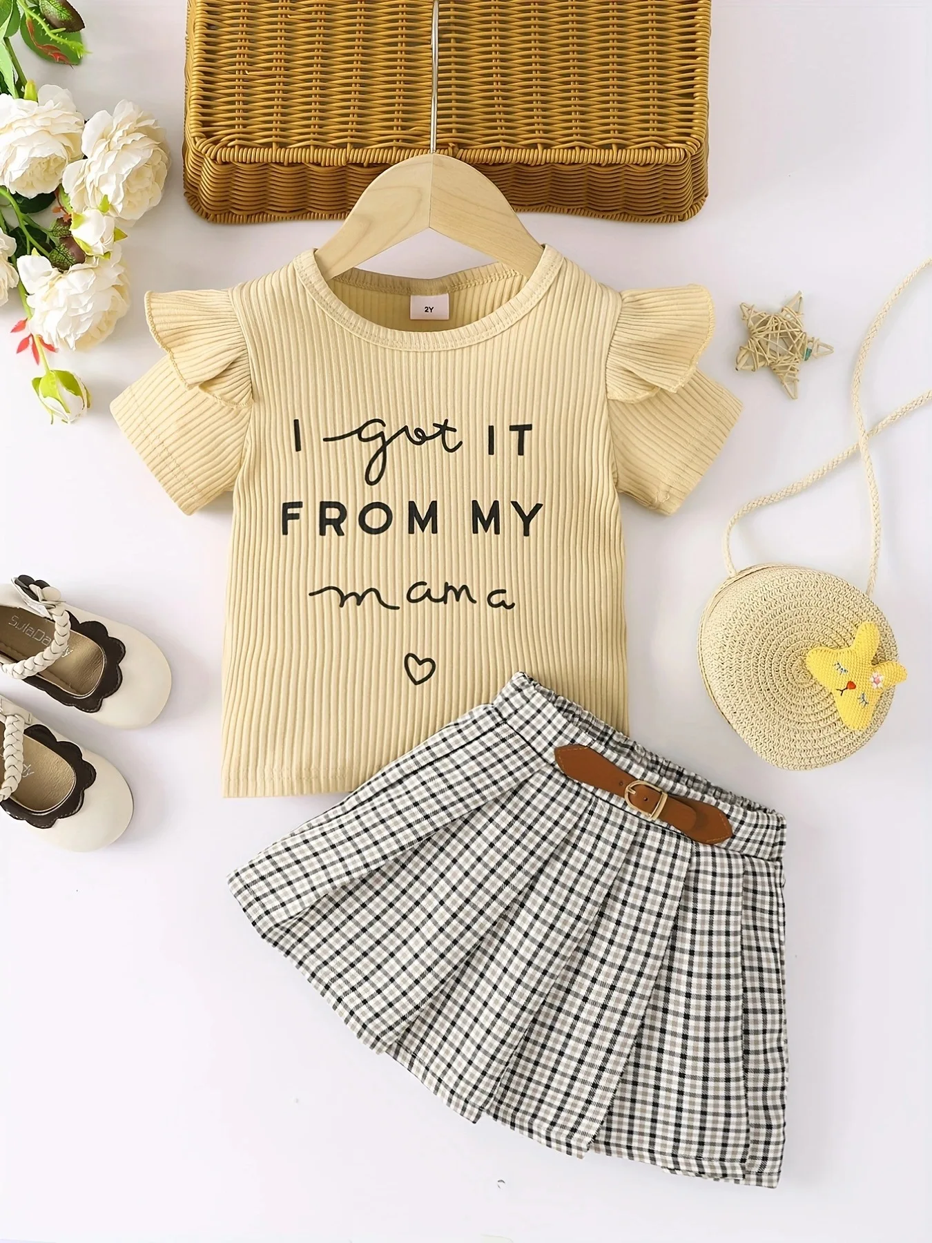 2024 Summer baby Kids Girls clothes Flying Sleeve cotton letters striped t-Shirt + belt checked Pleated Skirt 2 3 4 5 6 years