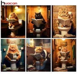 Huacan Diamond Painting Animal Diy Full Mosaic Cat Toilet Reading Newspaper Arts Rhinestone Pictures Bathroom Wall Decor Set