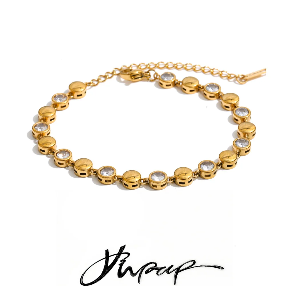 Yhpup Edelstahl-Armband mit runder Zirkonia-Kette, 18 Karat PVD-beschichtet, zartes Sommer- und Alltagsschmuckgeschenk