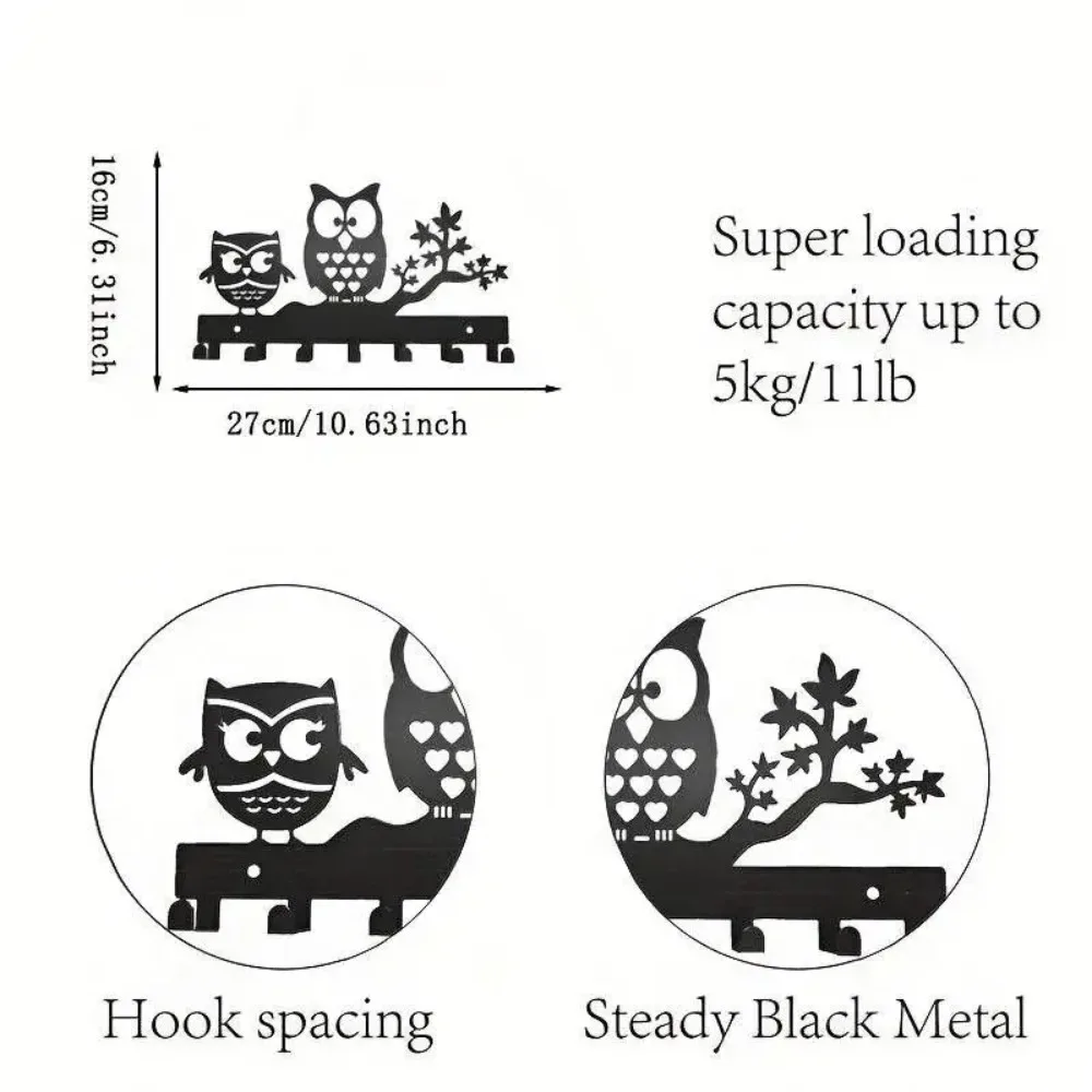 Metal Owl Key Holder Hooks, 7-Hook Wall Rack for Door Wall Decor, Black Entryway Foyer Organizer view 4