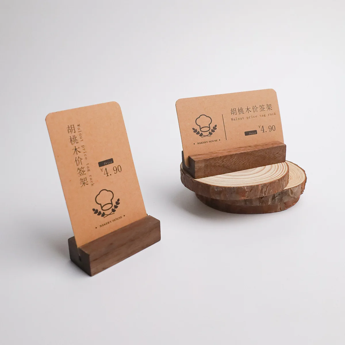 Solid Wood Price Tag Stand Holder, Walnut & Beech Wooden Table Card Display Rack for Bakery Cafe Retail Shop Price Label