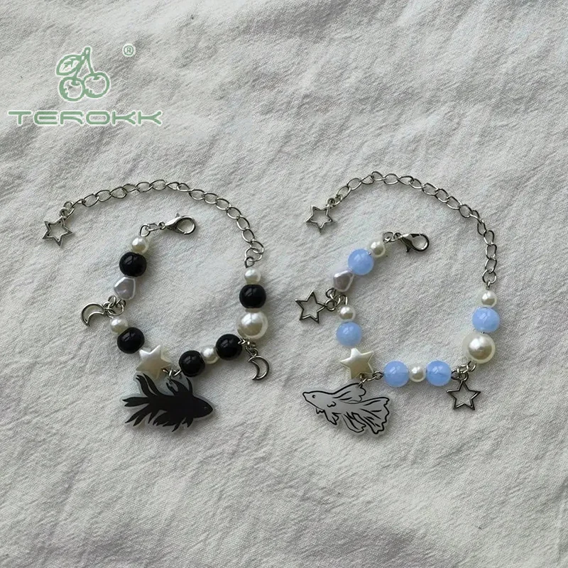 Pulseiras frisadas para homens e mulheres, Jóias na moda, Charme Peixe Koi, Contas Estrelas Ocas, Pulseira Betta Fish, Amizade, Presente Casal, Y2K