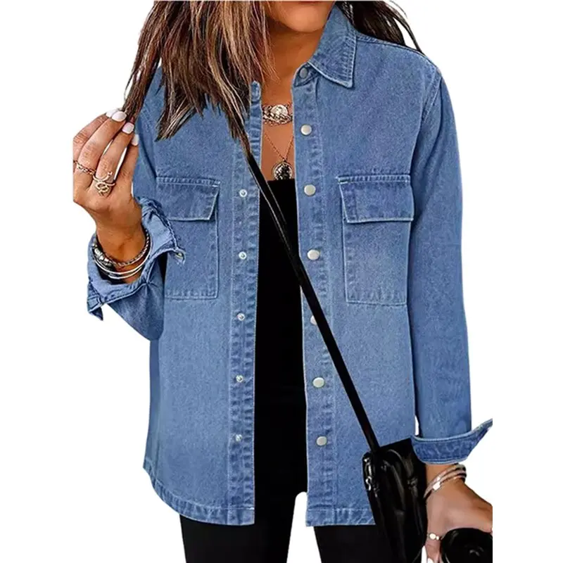 Giacca di jeans oversize da donna Camicie di jeans casual a maniche lunghe Giacca di jeans Distresse Abiti autunnali-LICG