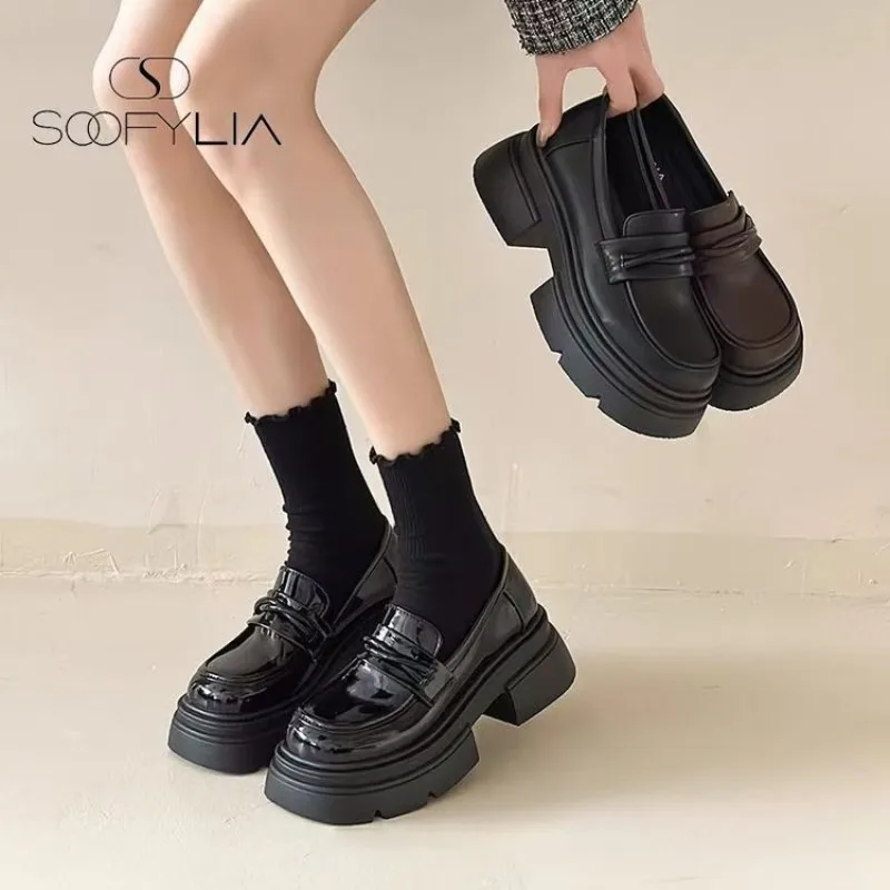 Women's Black Chunky Platform Loafers Slip On Smooth Leather Buckle Thick Sole Comfortable Casual Street Style Fashion Trendy