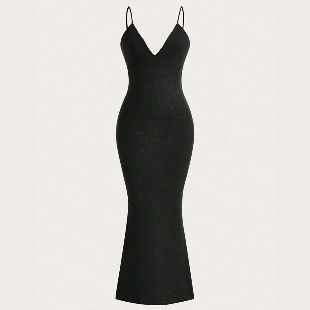 봄 여름 기본 데일리 솔리드 컬러 슬리브리스 플런징 넥 맥시 바디콘 캐미 드레스 여성용