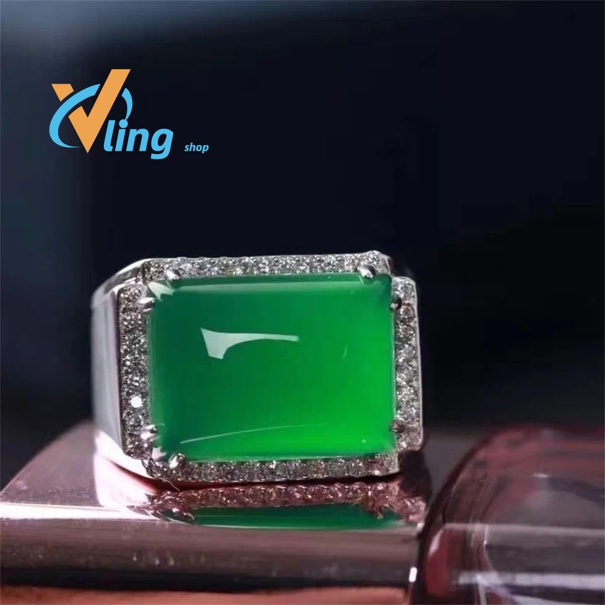 Agate Ring Men's Chalcedony Grandmother Emerald Living Finger  Square Large RingJewelry Exquisite Fashion Gift 925 Silver Inlaid