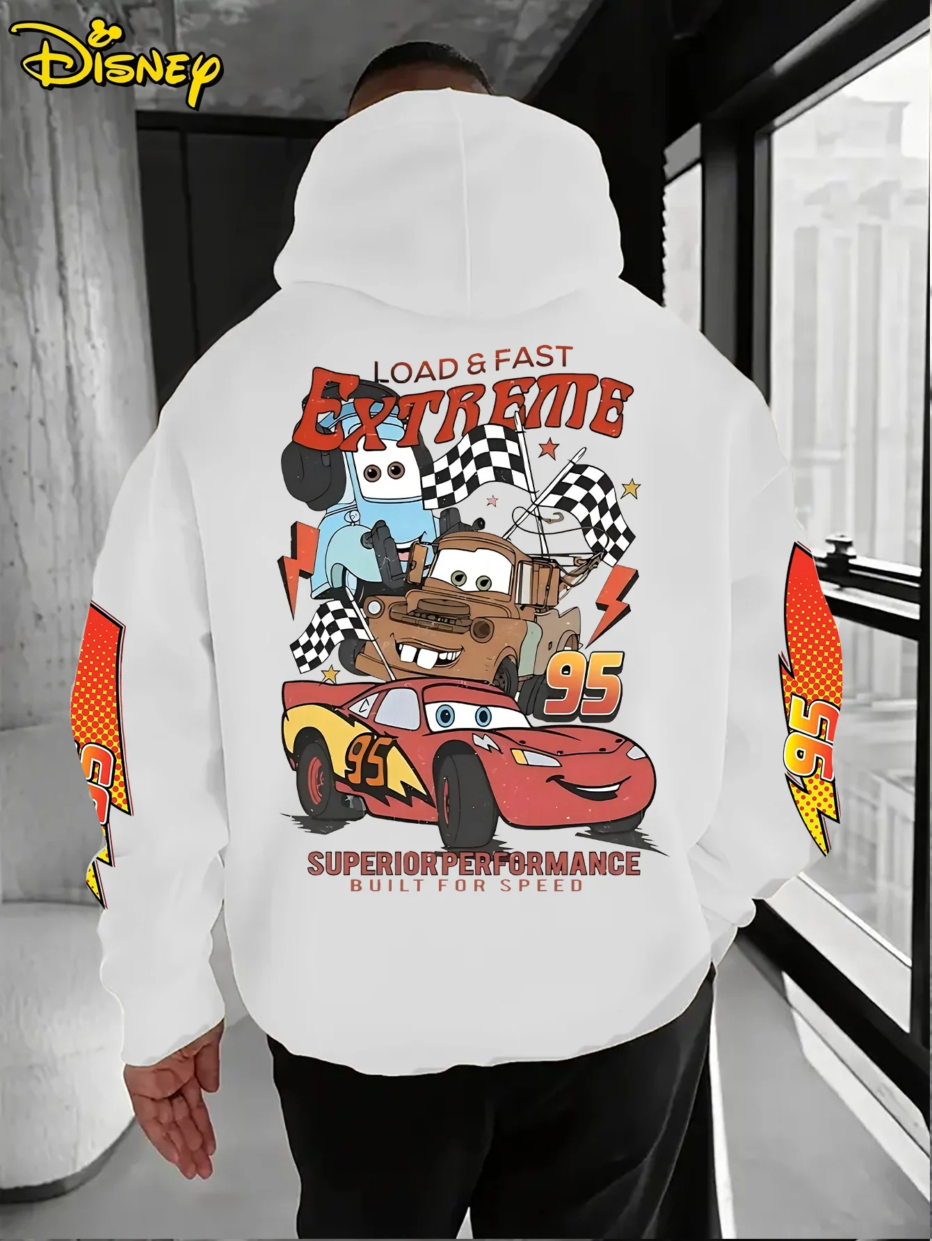 

Толстовка с капюшоном Disney Cars Lightning McQueen для мальчиков и мужчин, семейная одежда с капюшоном для отца и сына, осень-зима, хлопок, свободные свободные длинные рукава большого размера