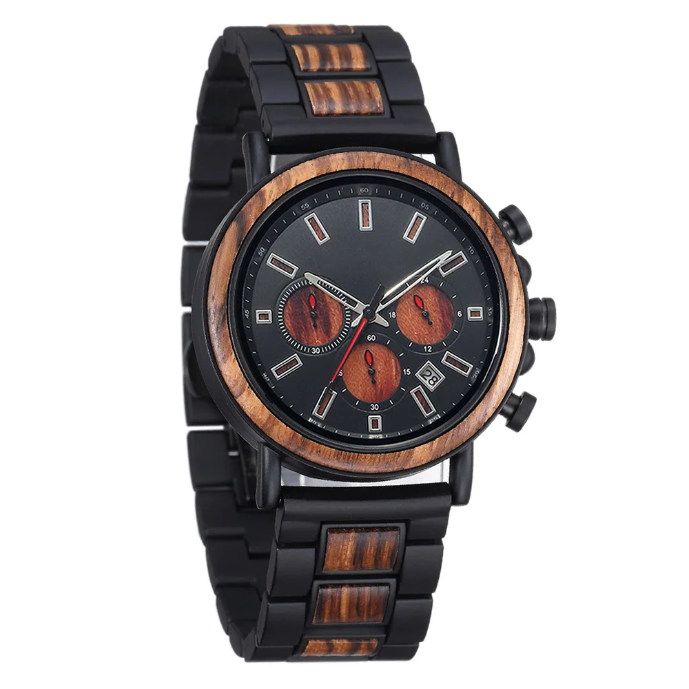 Steel Wood Blend Multi Function Men Quartz Wristwatch Large Dial Waterproof Chronograph Date European Trend Male Wooden Watch