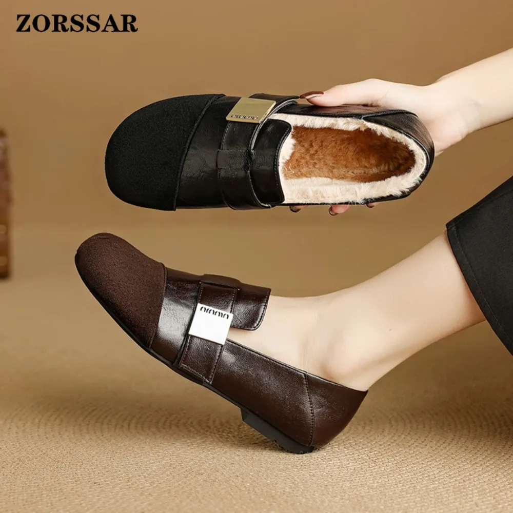 

Winter Flat Shoes Women 2025 New Fur Lining Warm Women Snow Shoes Genuine Leather Comfortable Female Winter Ballet Shoes