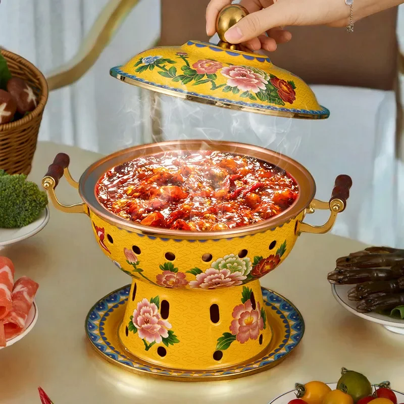 Portable Mini Copper Hot Pot Enamel Coated Single Serve Alcohol Stove Eco Friendly Oil Free Cooking Pot for One Person Dining