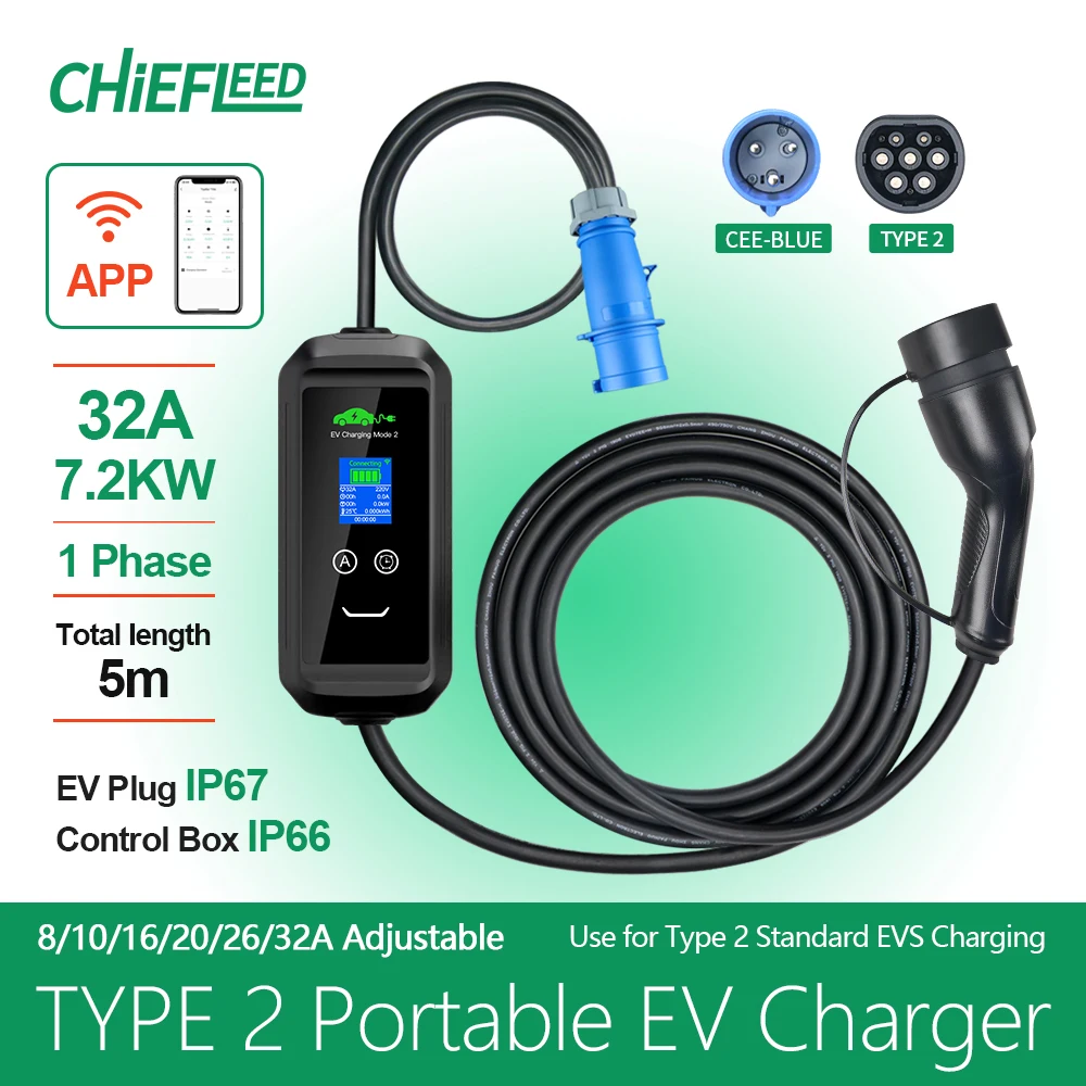 Mobile EV Charger 32A 7KW 1P Type 2 Tuya App Wifi Timer Memory Current Control Charging For Electric Vehicle Hybrid Car 5M