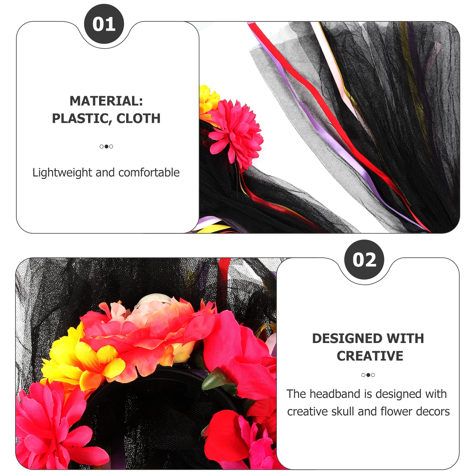 

Skull Headb Simulated Flower Veil Mesh Headdress for Halloween Cosplay Party Red Yellow Rose Black Lightweight Decorative