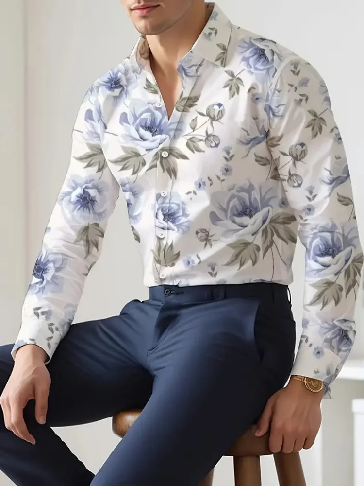 

2025 New Outdoor Fashion Comfortable 3d Printed Floral Pattern Shirt Beach Sun Casual Slim Fit Mens Shirt Long Sleeve Shirt