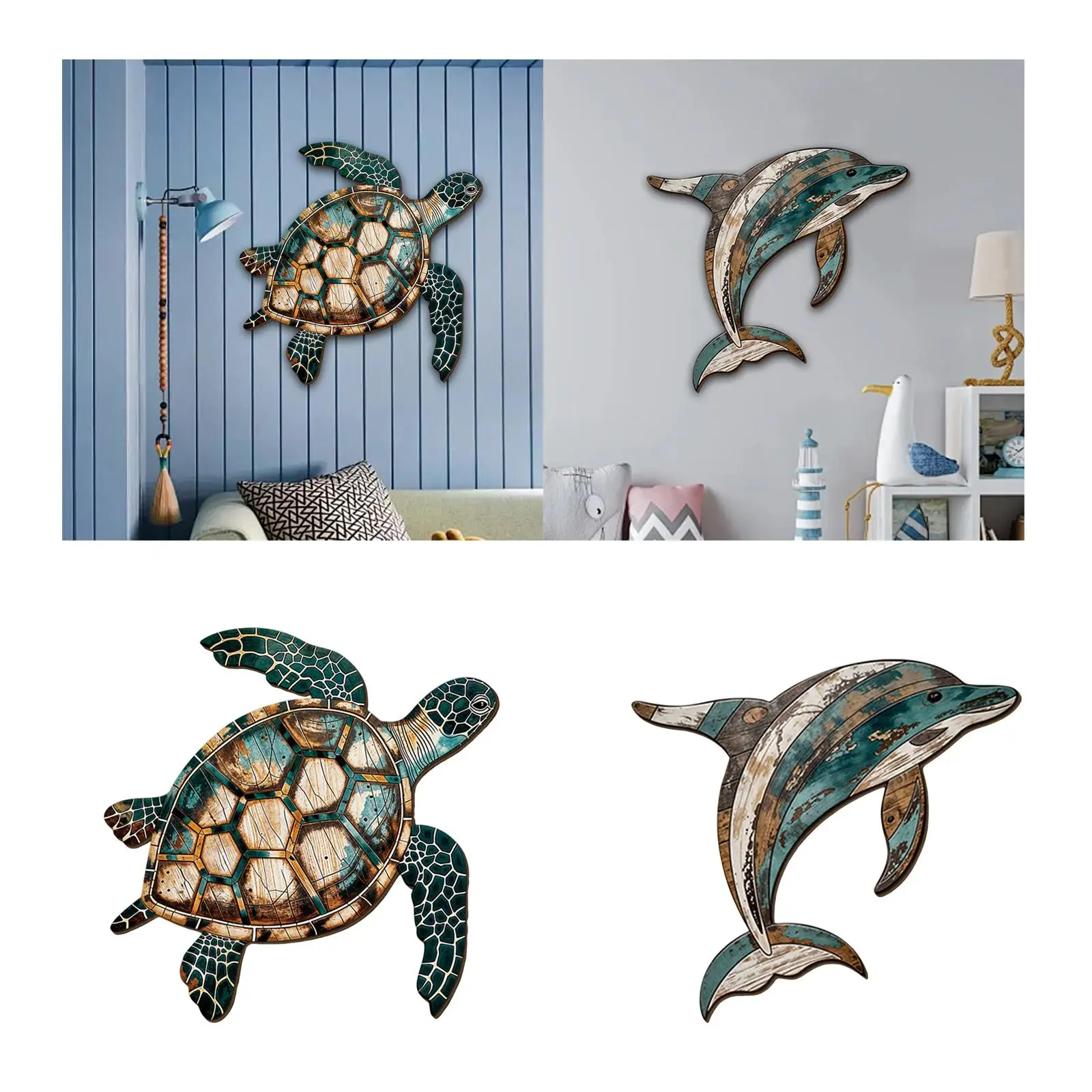 Wooden Wall Decor Marine Animal 2D Vintage Coastal Hanging Wall Art Sea Home Decoration for Office Cafe Hotel Yard