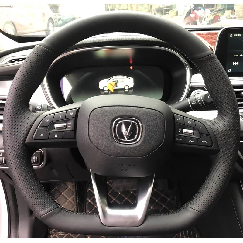 For Changan CS35 PLUS UNI-T Hand Stitched black Genuine Leather non-slip Car Steering Wheel Cover