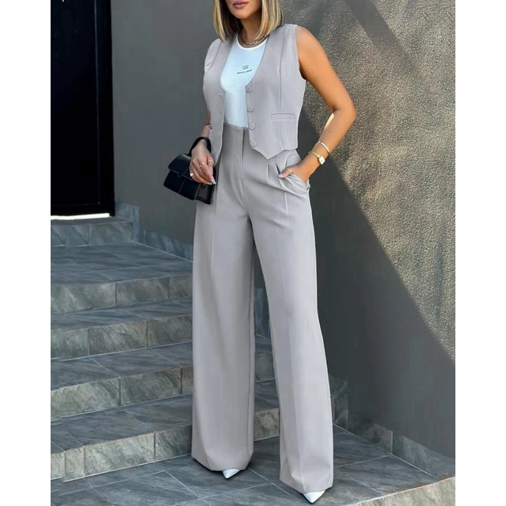 Ensembles Femme Buttoned V-Neck Waistcoat Top & Wide Leg Pants Sets Business Attire for Women Summer 2 Pieces Pants Set Workwear