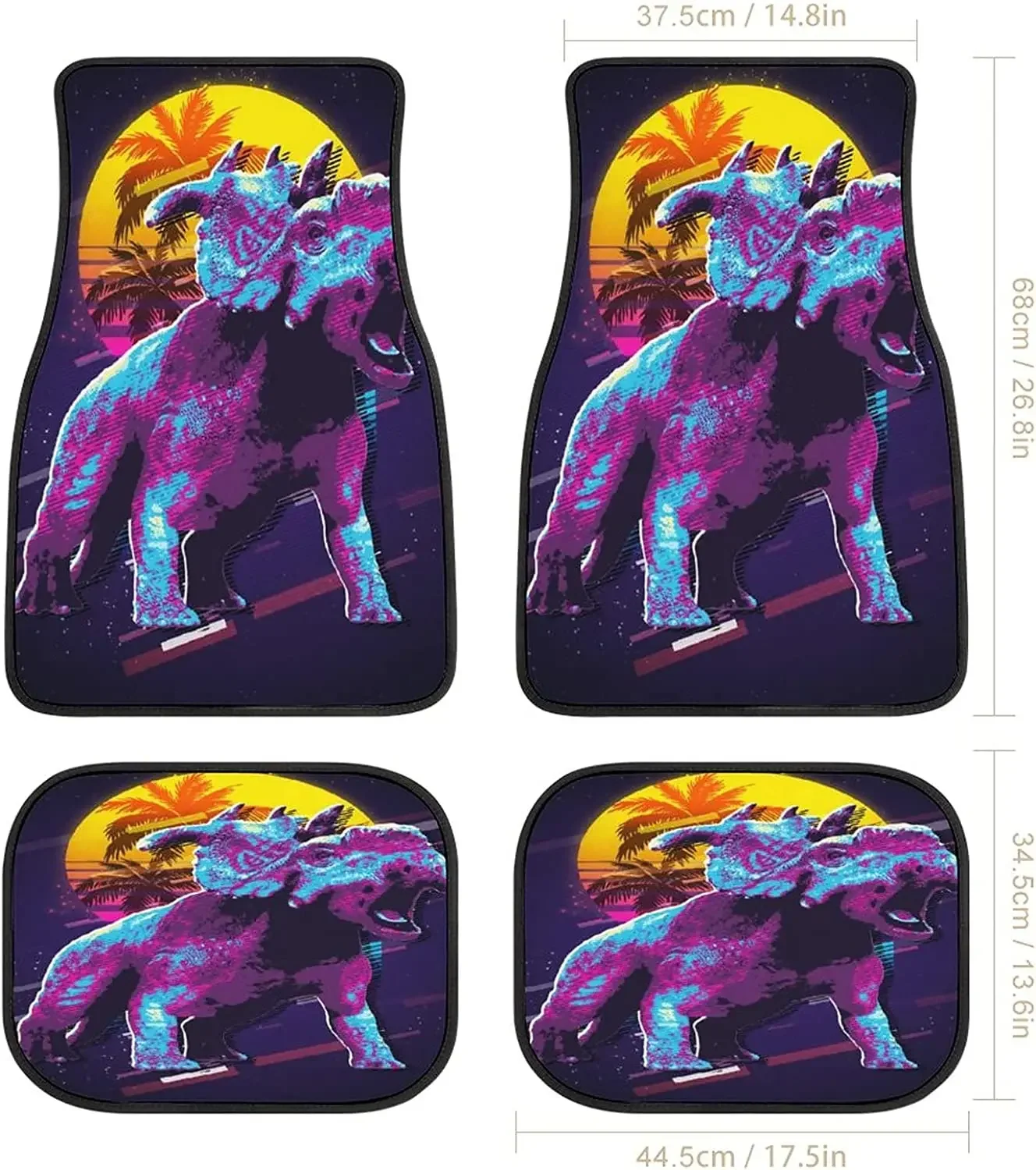 Dinosaur Vaporwave Neon Art Car Mats FrontRear 4-Piece Full Set Carpet Car SUV Truck Floor Mats with Non Slip Back