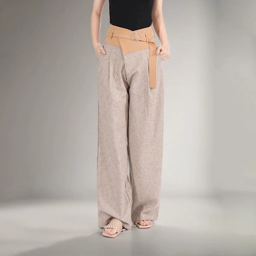 Color block Patchwork Gürtel lässig lose Hosen für Frauen hohe Taille gespleißte Taschen Temperament weites Bein Hosen weiblich neu