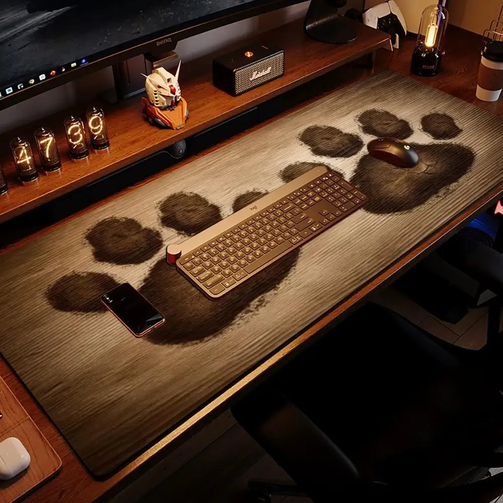 Wood Distressed Paw Print Pattern Gaming Mouse Pad, Stitched Edge Craft Natural Rubber Material Large Desk Mat