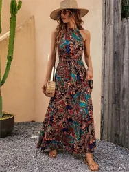 Sexy Women's Summer Bohemian Vintage Hanging Neck Long Dress Women's Fashion Print Sleeveless Waist Party Beach Dress Vestidos